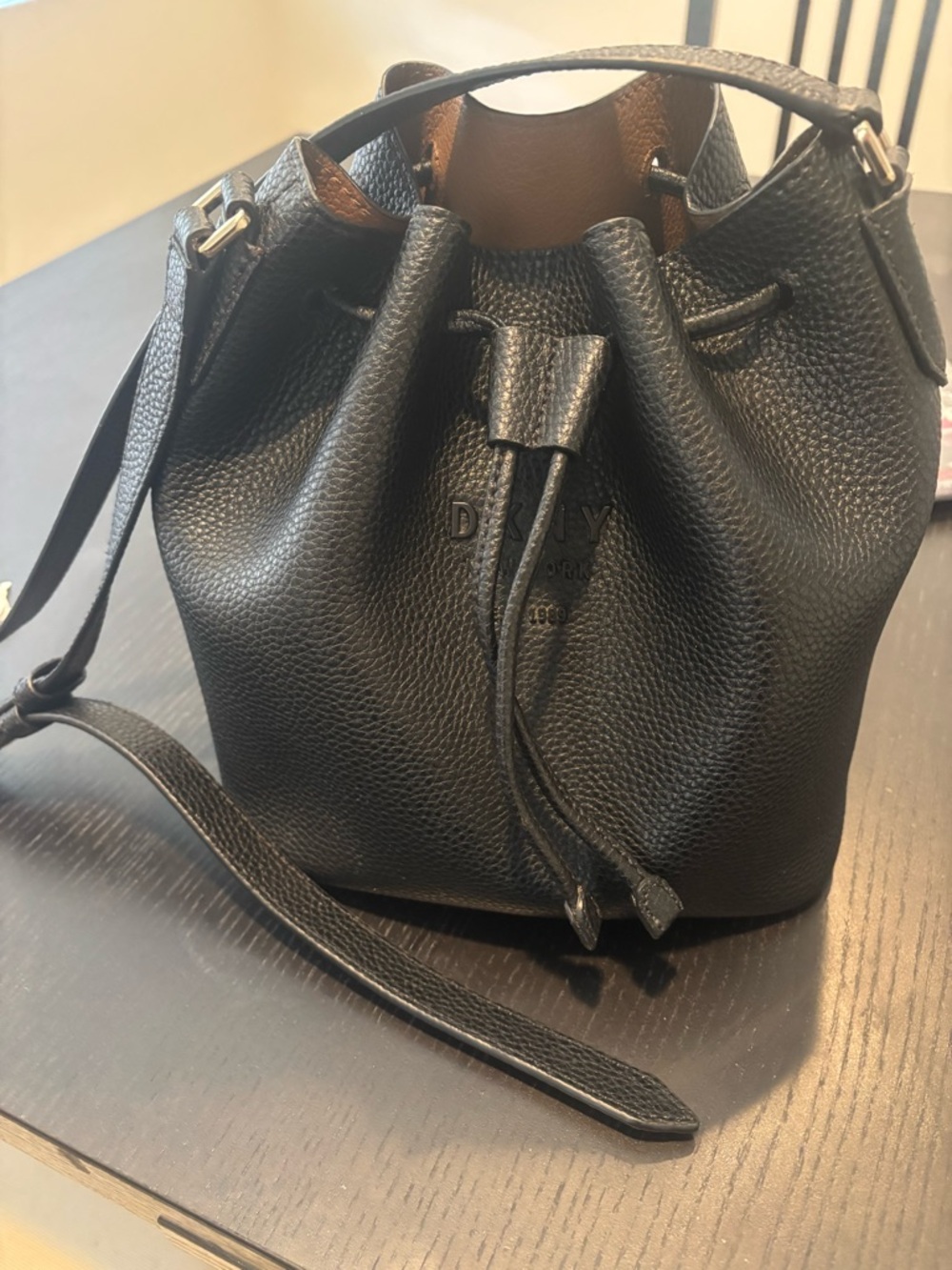 Donna Karan Black Pebbled Leather Drawstring Crossbody - Picture 4 of 9
